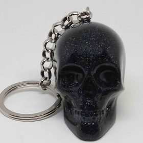 Halloween keychain – black glitter skull keychain front view with punk skull keychain style