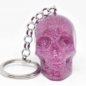 cute skull keychain with sparkling pink glitter finish