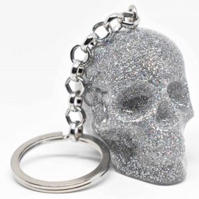 Unique silver glitter skull keychain with metallic highlights